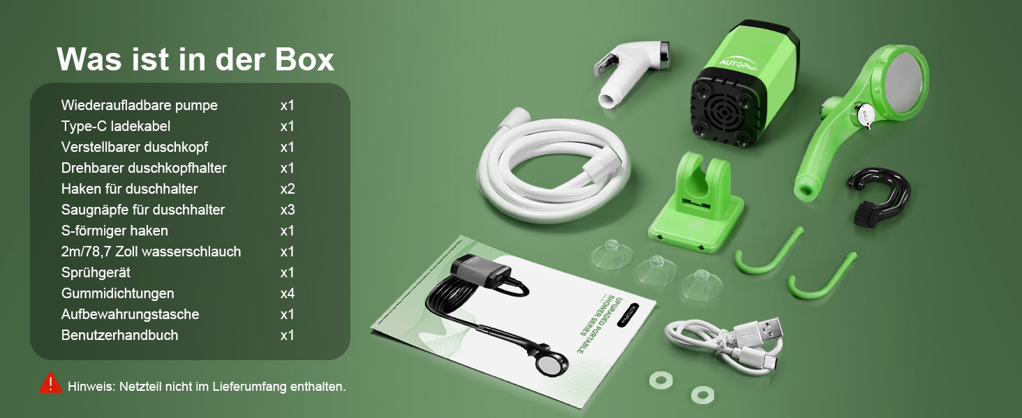 Портативна електродушова система Campingdusche з акумулятором 4500mAh, IPX7, дисплей, для кемпінгу, відпочинку на природі, автомийки, зелена