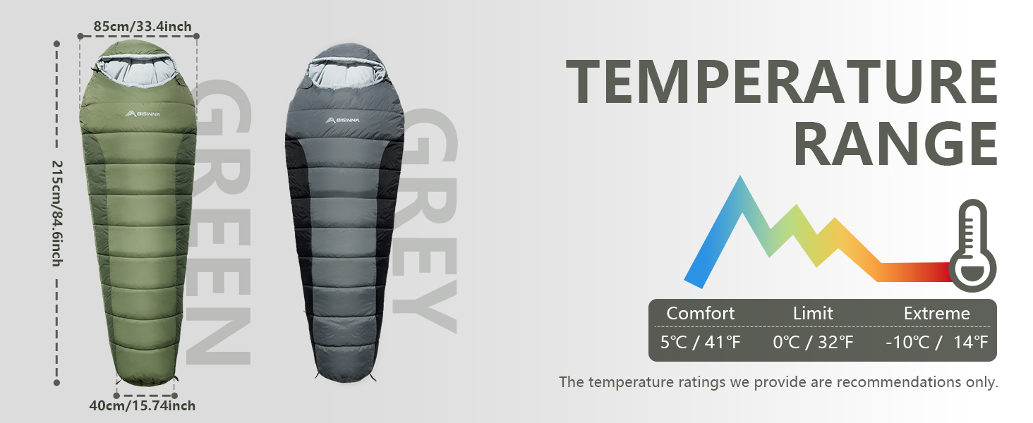 Сплячий мішок BISINNA Mumienschlafsack -10°C - 5°C [400GSM] для туризму, кемпінгу та подорожей, сірий
