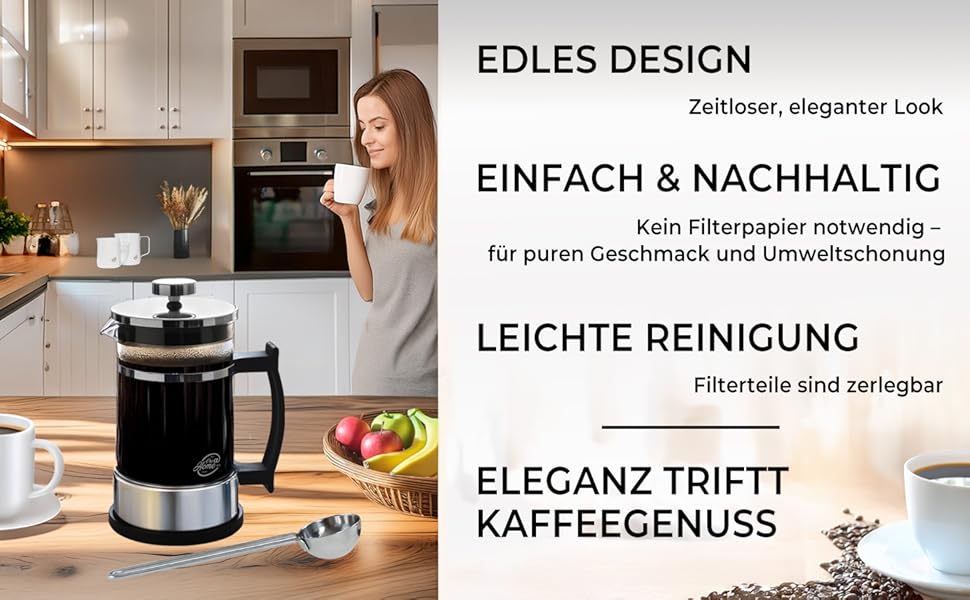 Френч-прес скляний 0,6 л з нержавіючої сталі - набір для приготування кави з запасним фільтром та ложкою - ручна кавомашина для кави та чаю