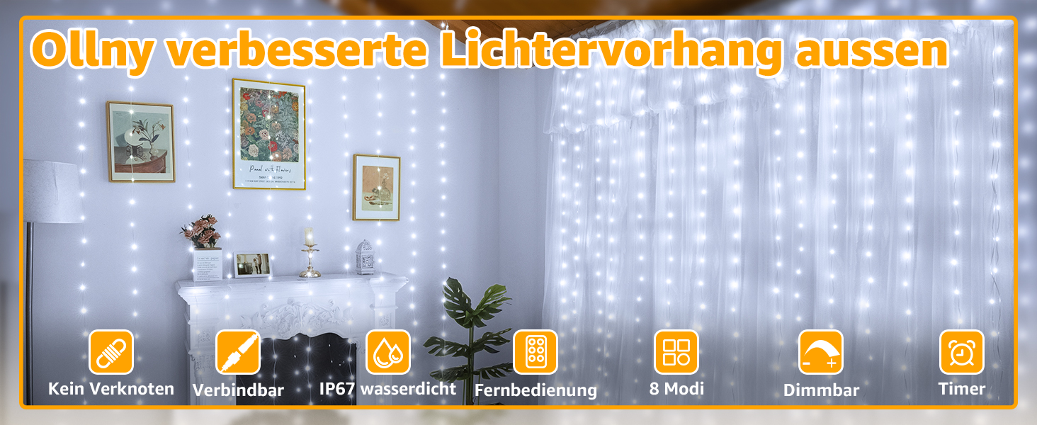 Льодосвітний штора-гірлянда для декору приміщень та вулиці, 3x3м, 300 LED, 8 режимів, IP67, пульт, таймер, димування, для декору на Різдво, двері, стіни, вечірки, вікна, балкон (тепле біле світло)