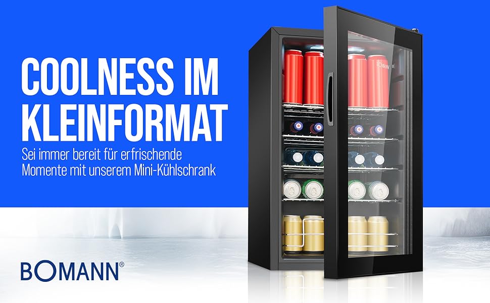 Холодильник для напоїв Bomann® KSG 7287, 63 літри, регулювання температури +3–10°C, з дверцятами зі скла, 4 полиці та LED-підсвічуванням, тихий, енергоефективний, компактний, для пляшок та банок, модель 2024