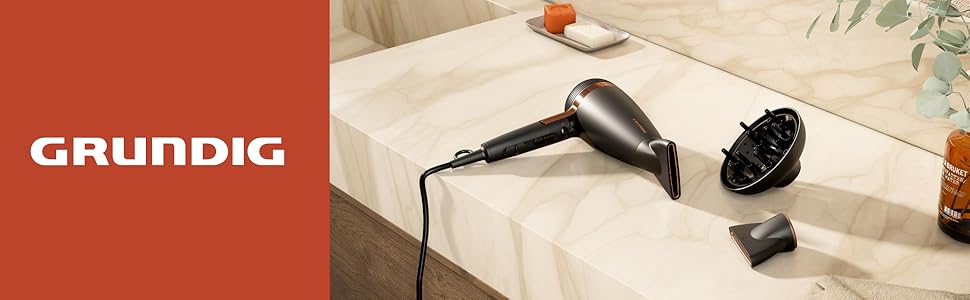 Фен GRUNDIG Naturashine HD 7081 з іонізацією, керамічним захистом, Cool Touch насадкою, 2100 Вт, 3 температурні та 2 режими повітряного потоку, холодна функція, знімний кабель, чорний / рожеве золото