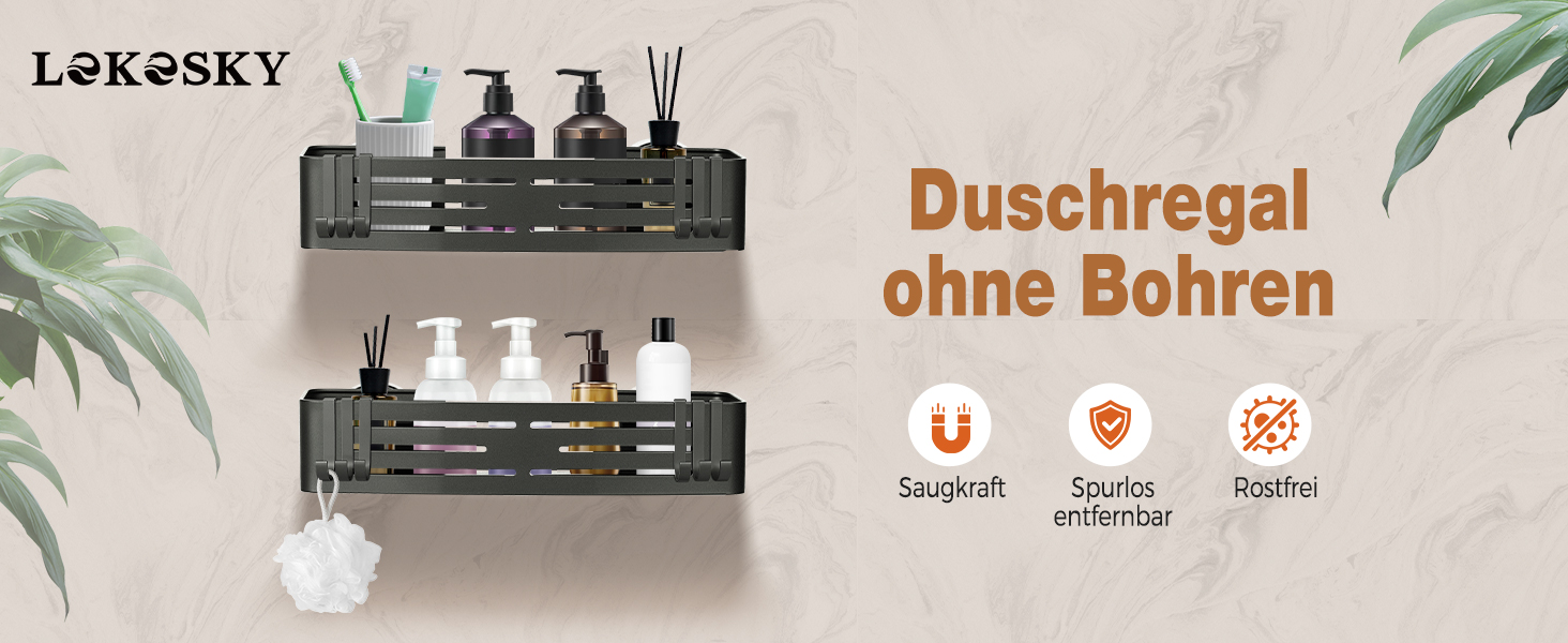 Поличка для душу Lekesky без свердління, кутова, з міцними присосками, алюміній, нержавіюча сталь, знімна, для ванної кімнати, кухні, орендованого житла (набір 2 шт.), колір: Gunmetal Grey, прямокутна