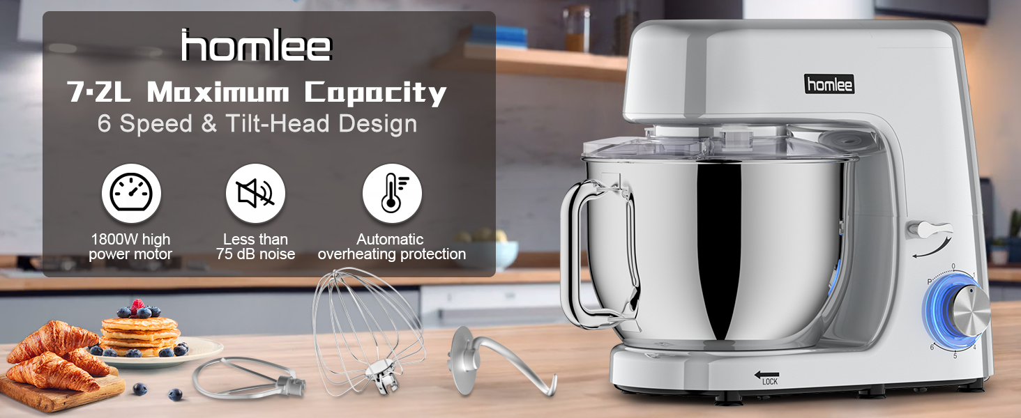 Кухонна машина-міксер 1800W з чашею 7.2L з нержавіючої сталі, 6 швидкостей, низький шум, багатофункціональна (срібна)