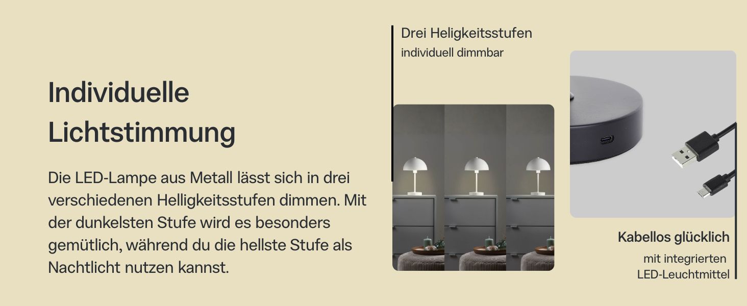 Mokebo® LED настільна лампа бездротова, акумуляторна, з регулюванням яскравості та USB-C, 'The Lighthouse', вінтажна лампа-горщик, грибний світильник та настільна лампа кольору тауп, метал, з батареєю, тепле біле світло, сріблястий колір