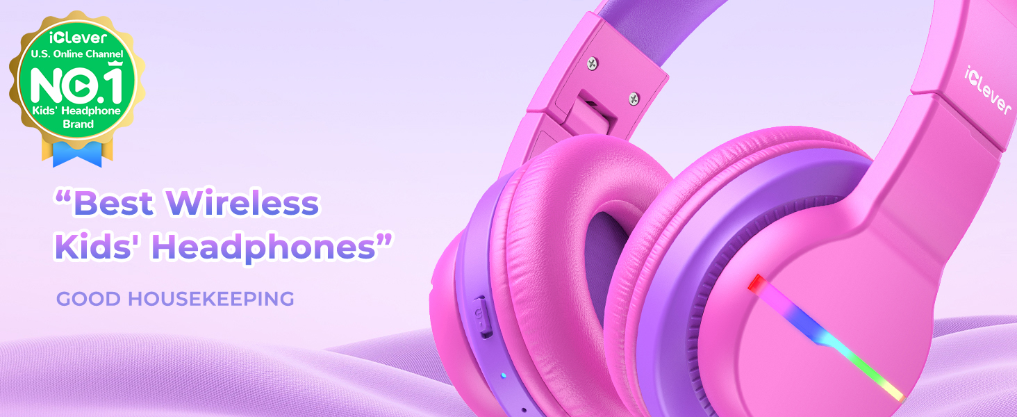 iClever Бездротові навушники для дітей з LED-підсвіткою, Over-Ear, Bluetooth 5.2, мікрофон, BTH12 Рожевий/Фіолетовий