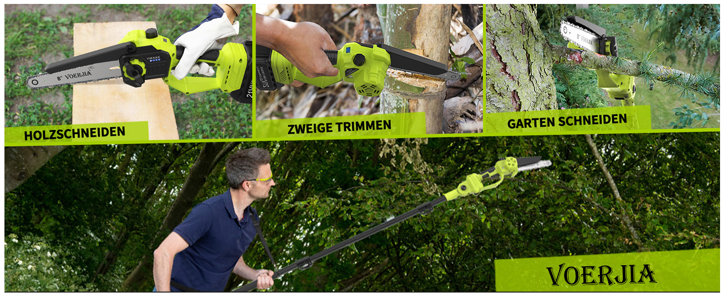 Акумуляторна висоторіз Kettensäge 2-в-1, 6/8 футів, телескопічна штанга, 2x4.0Ah акумулятор, автоматичне змащення, швидка заміна насадок, для обрізки дерев у саду