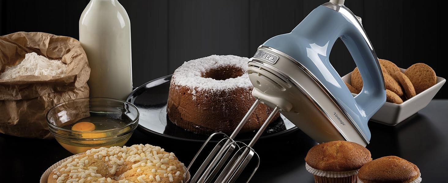 Міксер ручний Ariete Vintage 1548, 450W, 5 швидкостей, Turbo, 2 насадки, для тіста та збивання (Блакитний)