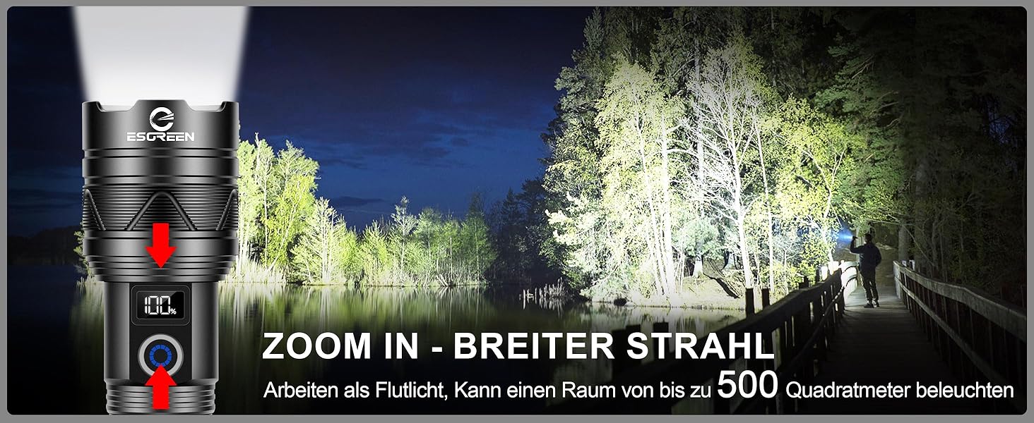 LED ліхтарик Esgreen 500000 люменів - тактичний, потужний, з USB-C, зумом, 5 режимів, для кемпінгу та безпеки