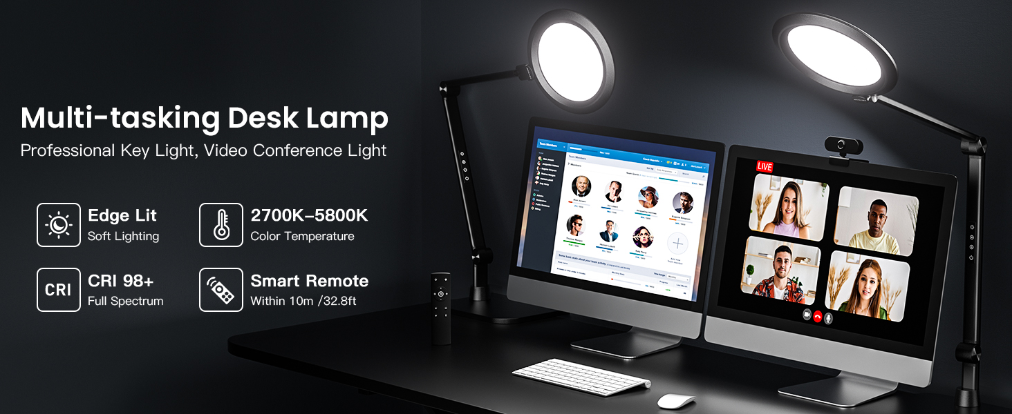 LED лампа настільна з денним світлом для відеоконференцій, офісна лампа з підставкою, регульована з 4 кольоровими режимами, 18W світло для відео, захищає очі, для дому та офісу, матовий білий (тінтовий чорний)