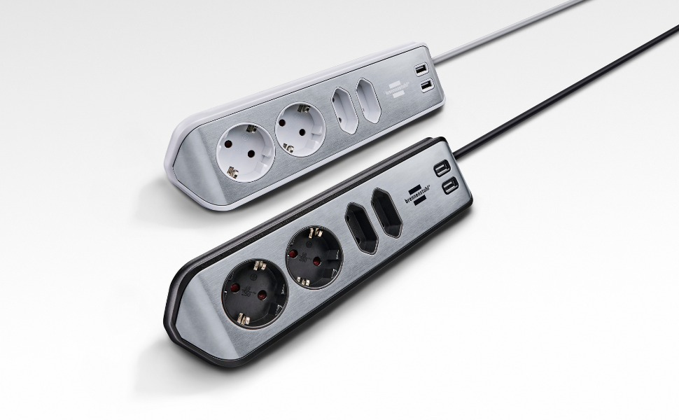 Бренненштуль Estilo Розподільник розеток у кут 4-разовий (настільна розетка з нержавіючою поверхнею для кухні та офісу, з 2 розетками із заземленням, 2 розетками Euro, з USB-функцією заряджання) Сріблястий/білий USB A сріблястий/білий
