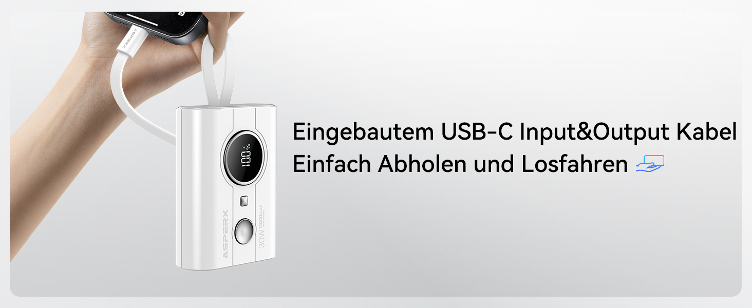 Power Bank AsperX 10000mAh з PD 30W, USB-C, білий. Швидка зарядка для iPhone 15/14, iPad. Компактний акумулятор