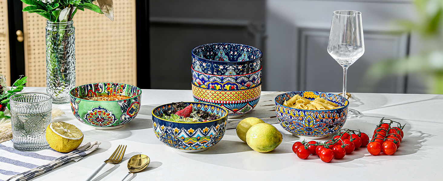 HENXFEN Набір з 6 порцелянових мисок для мюслі, супу, салату, 850 мл. Богемний квітковий дизайн, 6 кольорів