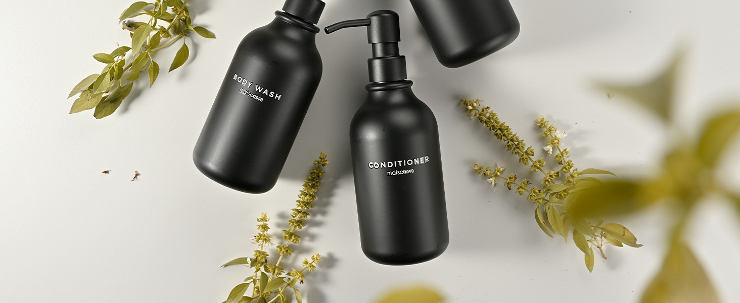 Шампунь MaisoNovo: Набір з 3 флаконів (500 мл) для самостійного наповнення, дозатор з чорним насосом, настінний кріплення, прозорий колір