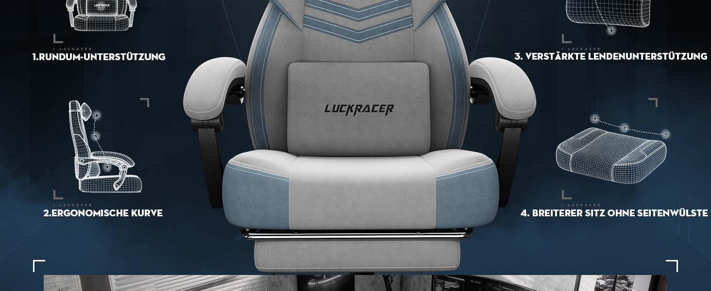 Ігрове крісло LUCKRACER для комп'ютера та офісу, тканинне з підставкою для ніг, подушкою з ефектом пам'яті та нахилом спинки 90–155°, навантаження до 150 кг (Сіре)