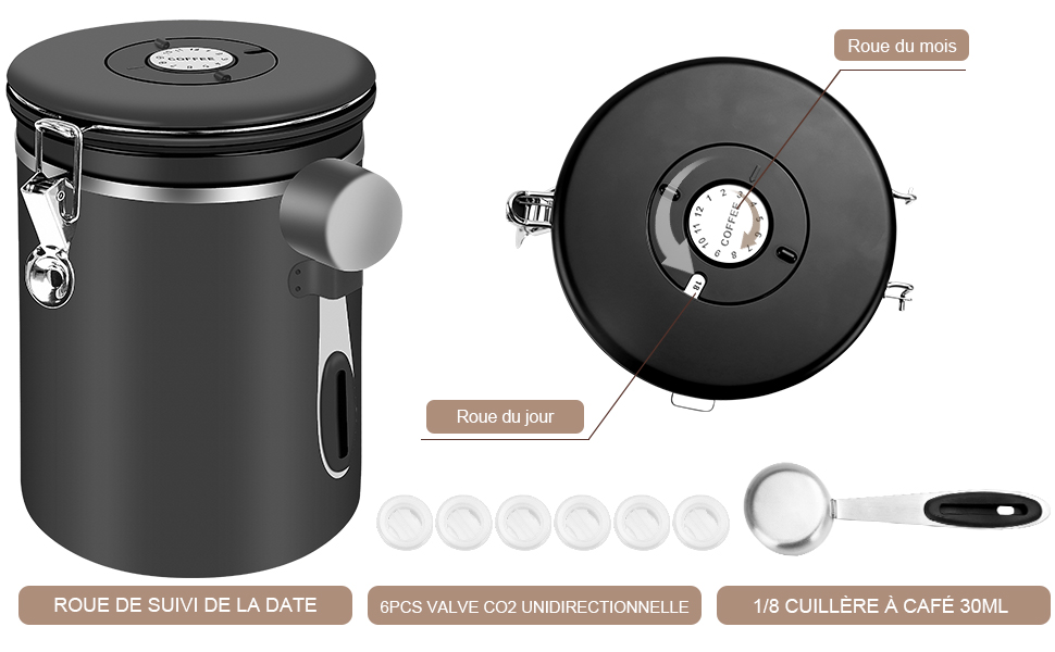 Герметичний контейнер для кави з нержавіючої сталі, 2,8 л, з CO2-вентилем та індикатором дати - для кавових зерен, кави, чаю, горіхів, какао, з мірною ложкою