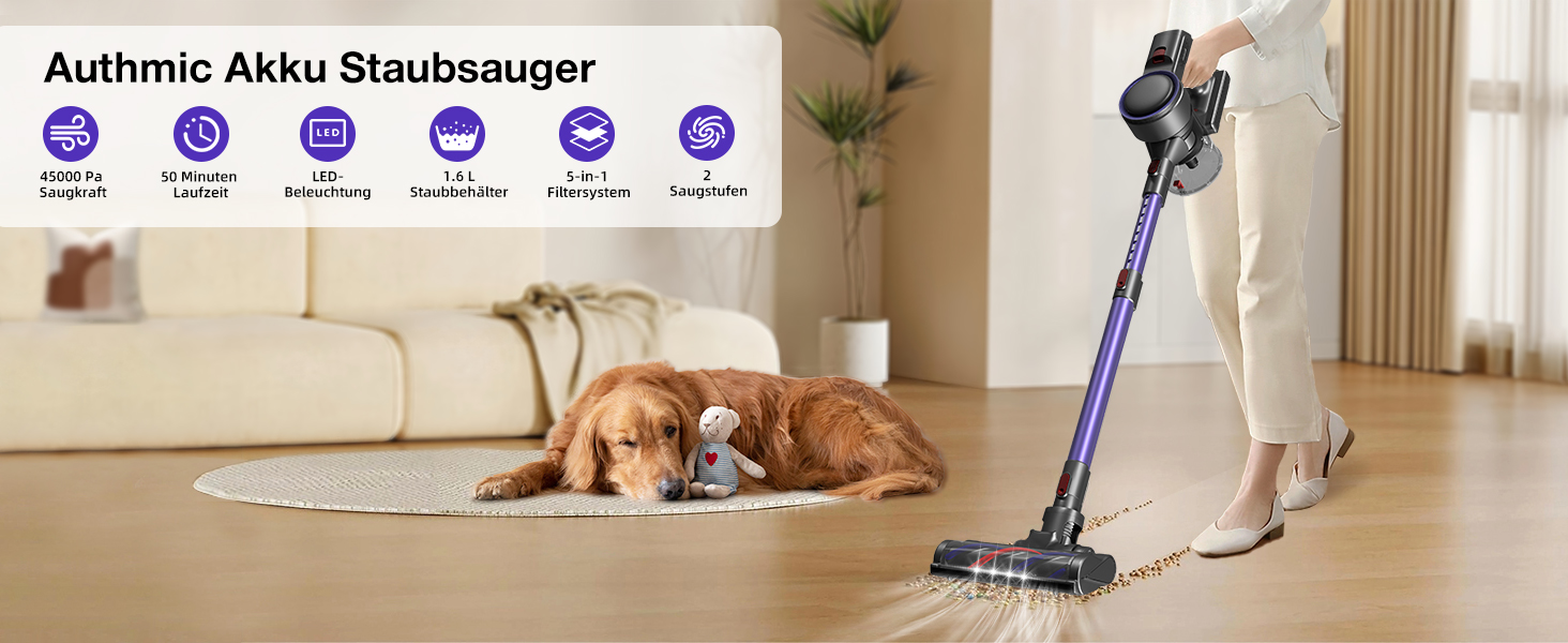 Бездротовий пилосос Authmic 45000Pa з акумулятором, сенсорний екран, HEPA фільтр H13, 50 хвилин роботи, антизаплутувальна щітка, для твердих поверхонь, килимів та шерсті тварин