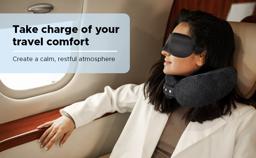 Подушка для шиї SnoozEasy™ для дорослих | Подушка для подорожей на літаку з memory foam | Регульована подушка з маскою для очей, навушниками, сумкою та карабіном | Бренд UK