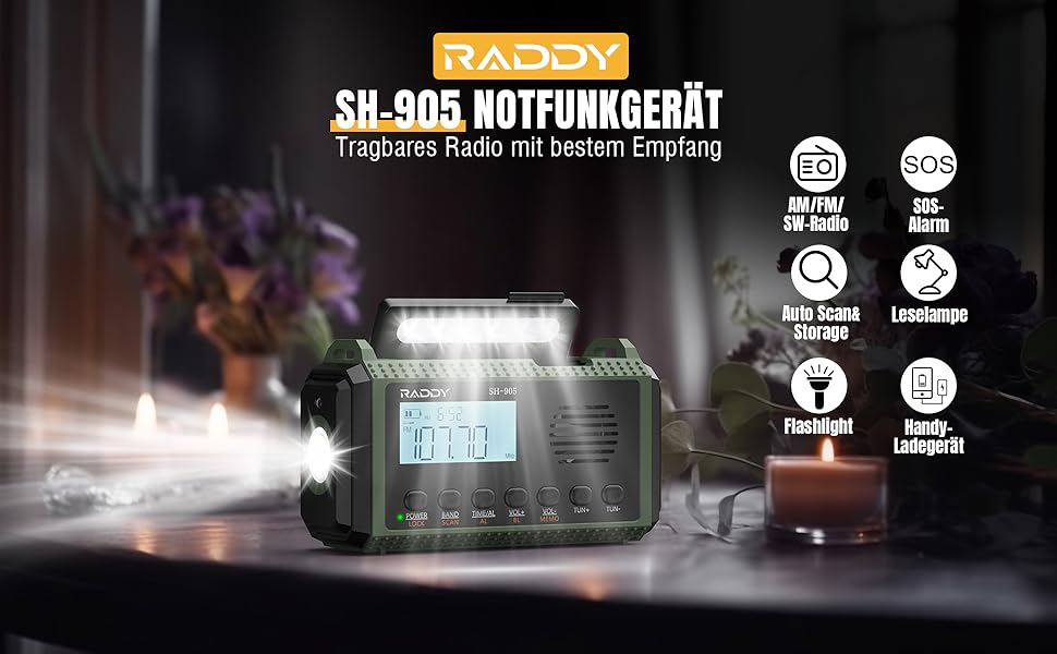 Радіо Raddy SH-906: портативне радіо на сонячній енергії з живленням від ручки, 10000mAh, AM/FM/SW/VHF, ліхтарик, SOS, компас, зарядка для телефону