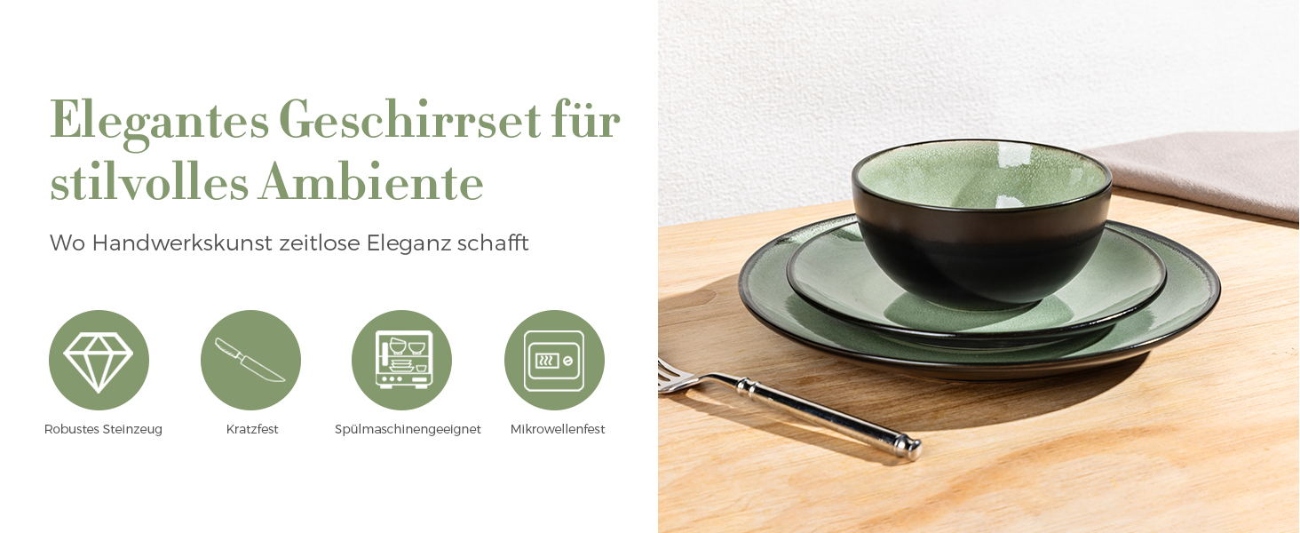 Набір посуду GBhome з реактивної глазурі для 6 осіб (18 предметів), ручної роботи, керамічний, мікрохвильова та посудомийна машина, зелений колір