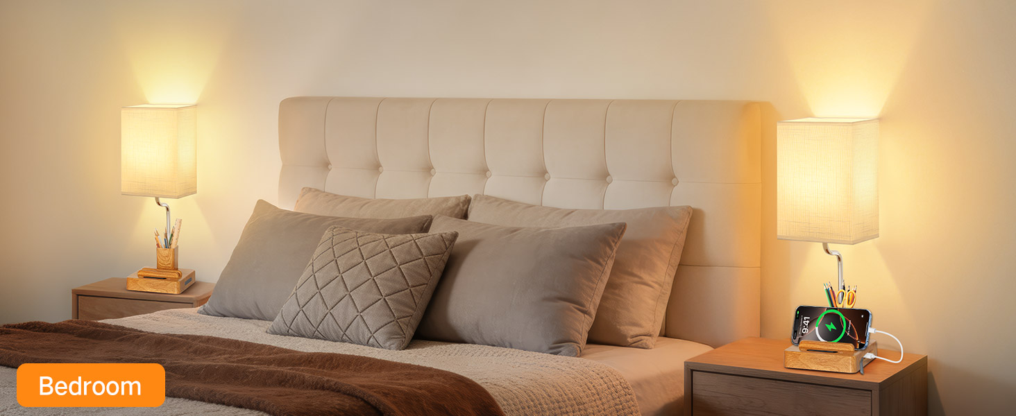 Настільна лампа світлодіодна OUTON 8000mAh бездротова з підставкою для ручок, акумуляторна, тканинний плафон, 3 режими світла, сенсорне керування, димування, індикатор заряду