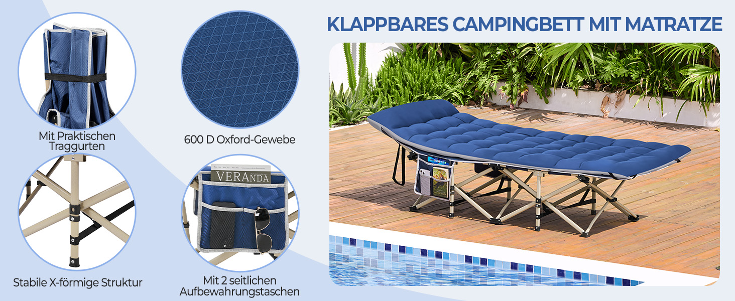 Ліжко складане Yaheetech з матрацом для кемпінгу, сіре, 191x67 см, до 150 кг - гостьове ліжко з сумкою та кишенями