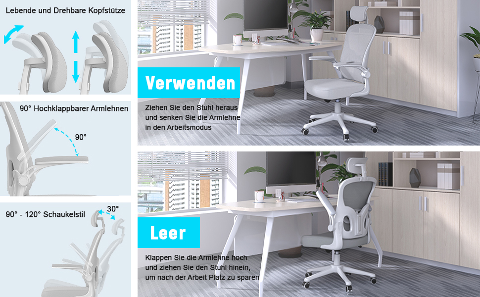 Офісний крісло Rattantree: ергономічне, з регульованою підголівником, підлокітниками та підтримкою попереку, регулювання висоти, дихаюча спинка, сіре