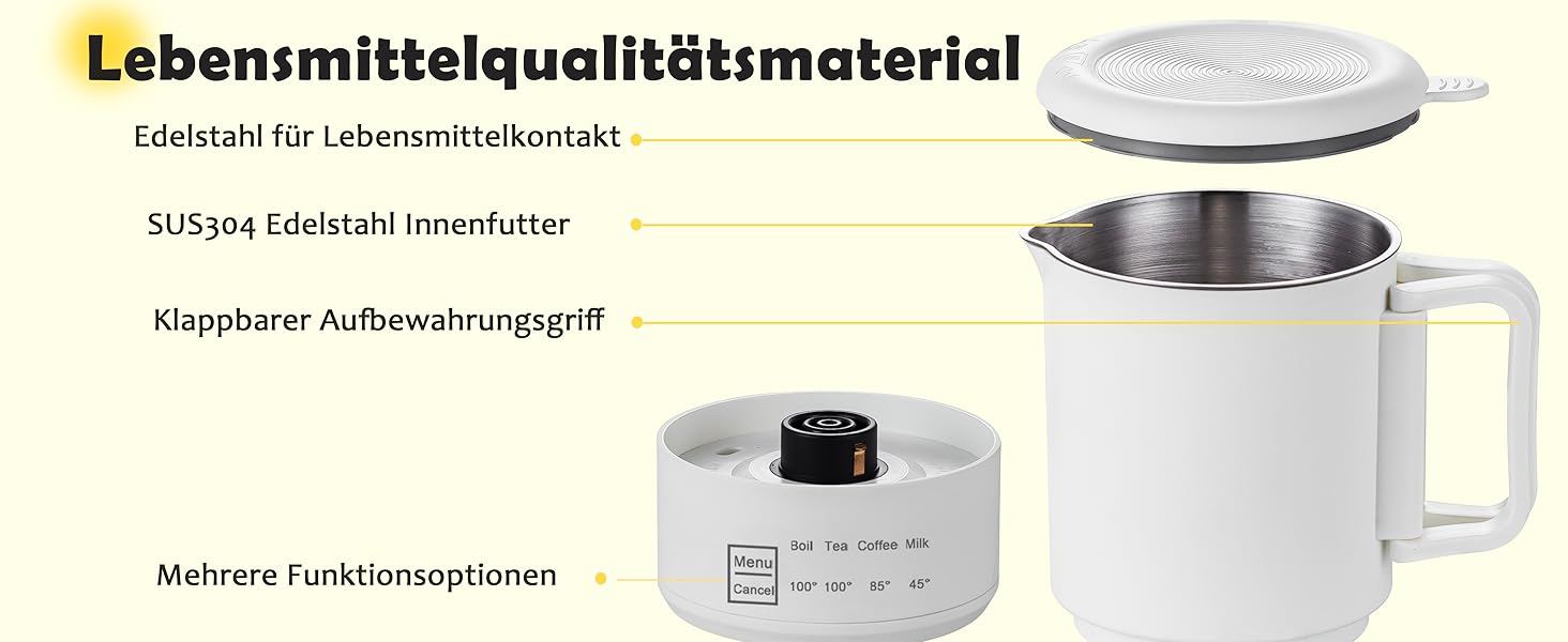 Електричний чайник 0.9л з нержавіючої сталі 304, 1360W, швидке кип'ятіння за 4-6 хв, класичний компактний дизайн, кнопка 1 натискання, автоматичне вимкнення та захист від перегріву, для дому, офісу та приготування кави (кремовий)