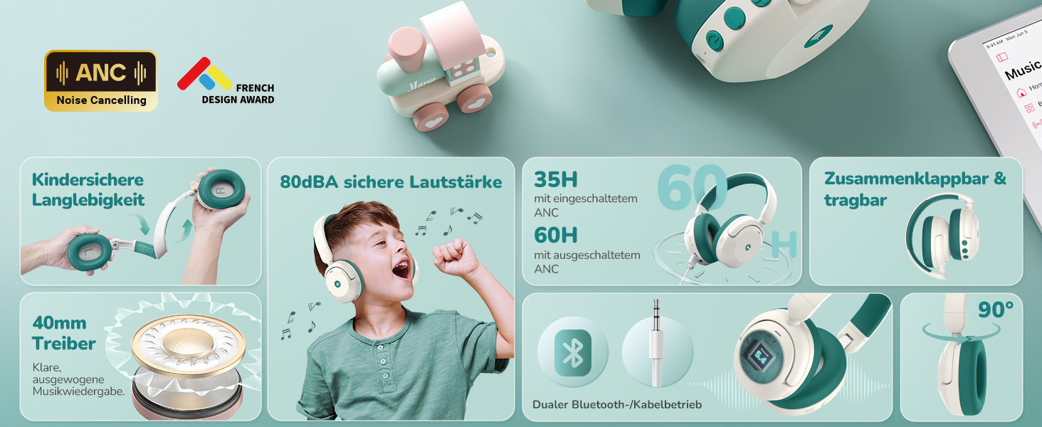 iClever Бездротові навушники з шумозаглушенням для дітей Bluetooth, 60 годин роботи, 80 дBA безпечний рівень гучності, зручна посадка, Bluetooth 5.4, AUX кабель для подорожей, білий/зелений