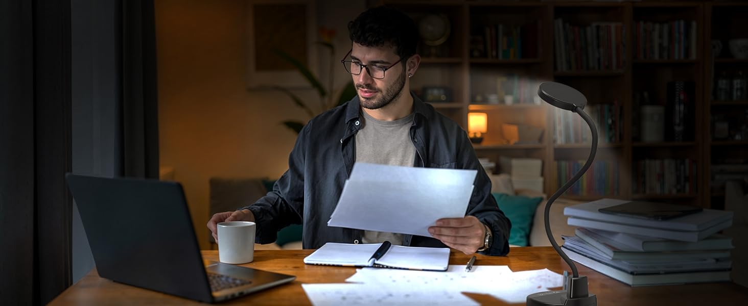 LED настільна лампа 15W з USB-A та USB-C, диммування, 3 колірні температури, 5 рівнів яскравості, таймер, гнусий 360° шийка, захист для очей, для офісу та спальні - Чорний, 3.5 дюйми