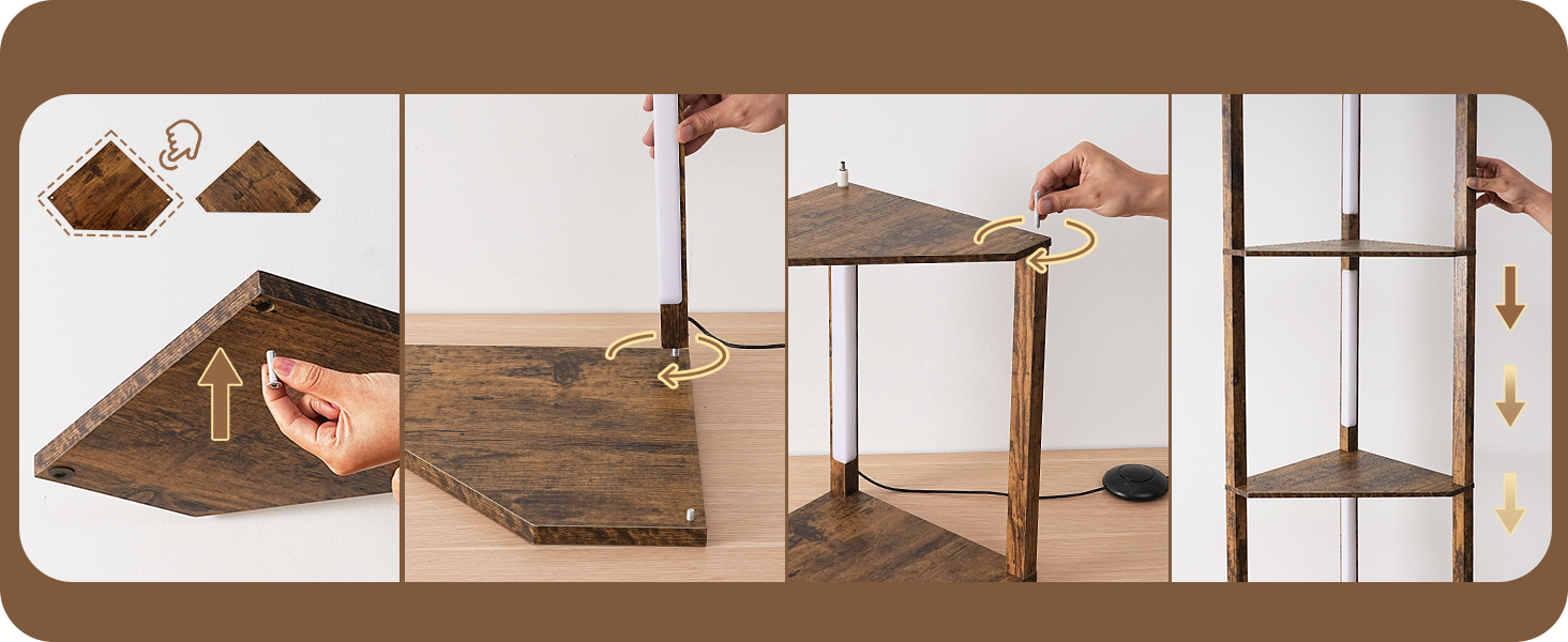 LED торшер EDISHINE з 4 дерев'яними полицями, регульоване освітлення, 3 колірні температури, поворотний світловий стержень, підсвічування полиць, футовий вимикач, вінтажний коричневий