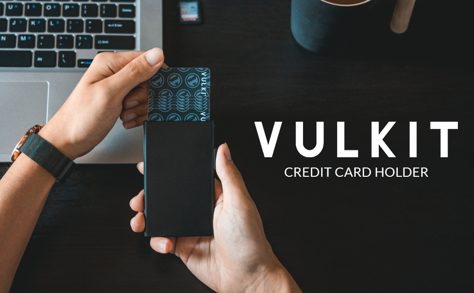 Чоловічий мінімалістичний картхолдер VULKIT з RFID-захистом та Pop-Up механізмом для кредитних карток, чорний