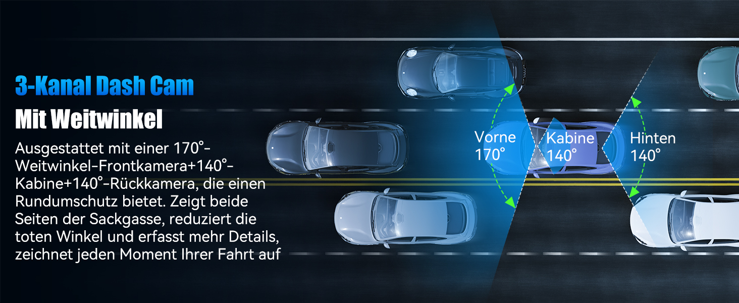 Відеореєстратор 4K Auto Передній та Задній з Хардвайр Кітом, WiFi, Паркувальний Моніторинг, 64GB SD Карта, 3-Канальна Автокамера з Нічним Баченням, 170° Широкий Кут, WDR, G-Сенсор, Циклічна Запис, Керування через APP