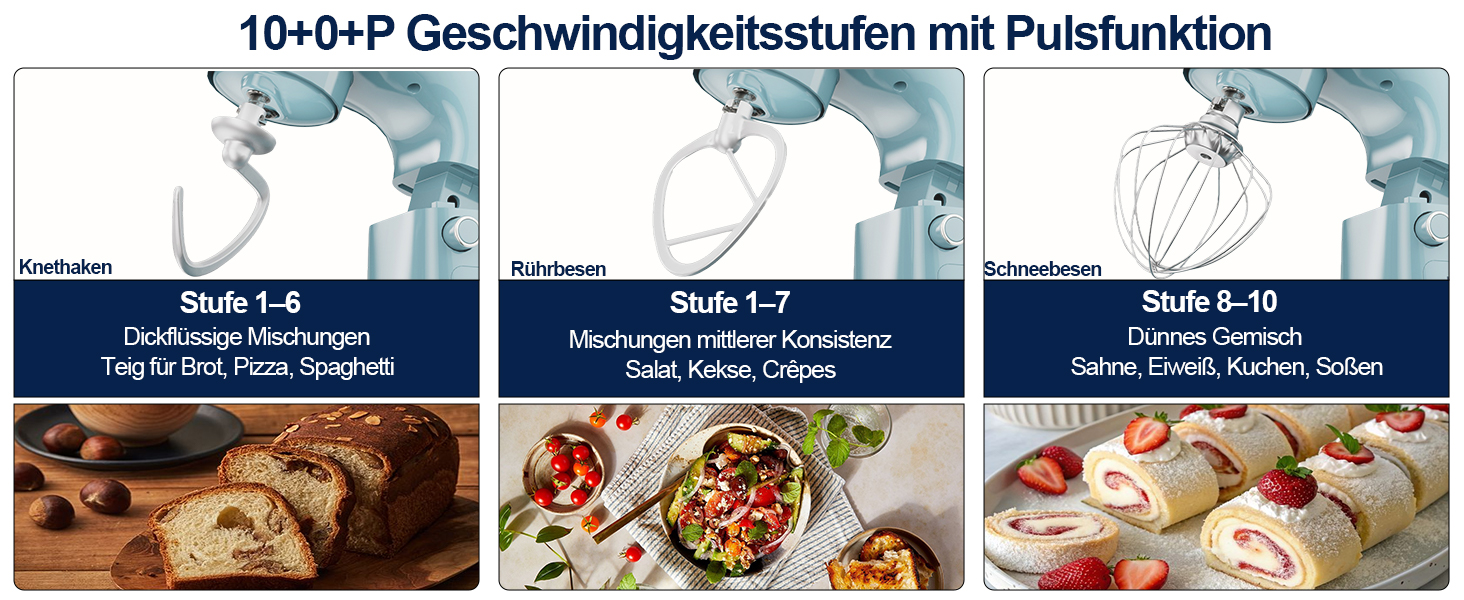Кухонний комбайн-міксер Camic з LED-дисплеєм, 10 швидкостями та 2 чашами з нержавіючої сталі (4Л та 5Л), набір з 3 аксесуарів для тіста, хліба та тортів, синій
