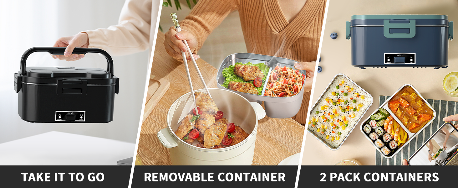 Електрична ланчбокс SOOOEC 100W, 3-в-1 з нержавіючою сталею, 12V/24V/220V для авто/офісу, з ізольованою сумкою (Оранжево-Чорний)