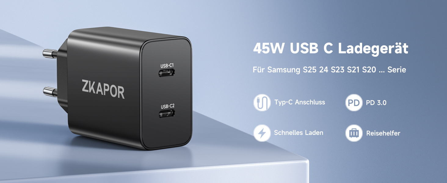 Зарядний пристрій ZKAPOR з 4 USB-C портами, 45W, білий (PD+QC)