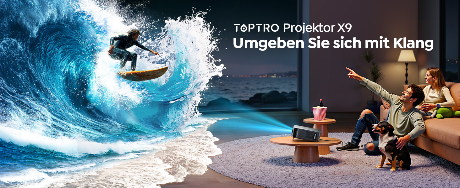 Смарт-проектор Toptro 4K Home Cinema, 1500 ANSI люмен, Full HD 1080p, Netflix, Dolby Audio, двосторонній Bluetooth, WiFi, AI-автофокус та корекція трапеції, для дому та вулиці, чорний