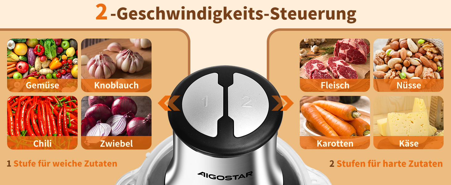 Електричний подрібнювач Aigostar Flor 500W з нержавіючою чашею 1.8L та 4-ма лезами, 2 швидкості для м'яса, овочів та горіхів