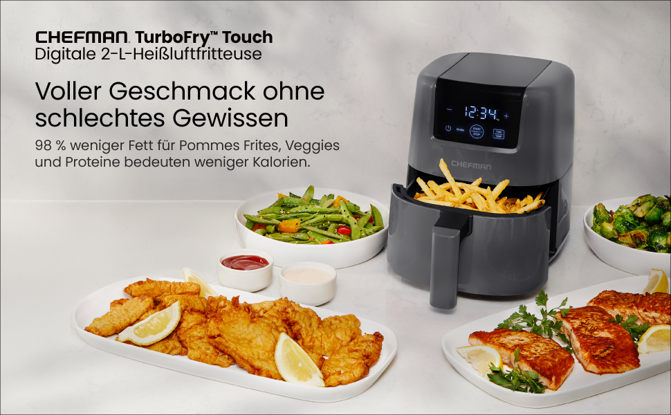 Chefman 2L Digital Air Fryer - Compact, Non-Stick, Dishwasher-Safe Air Fryer with Timer & Shake Reminder - Grey