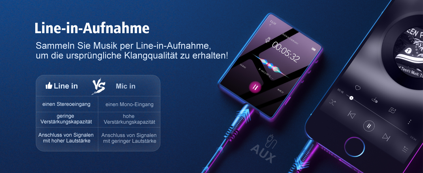 MP3 плеєр Mechen Bluetooth 32GB з динаміком, USB-C, FM-радіо, записом, Hi-Fi звук, тривалий час роботи, підтримка карт пам'яті, чорний