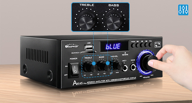 HiFi підсилювач WOOPKER AK45 Pro, 500 Вт, Bluetooth, 2-канальний, стерео, міні аудіо ресивер з FM-радіо, USB/SD/AUX/RCA/MIC входами, 12В/220В для колонок