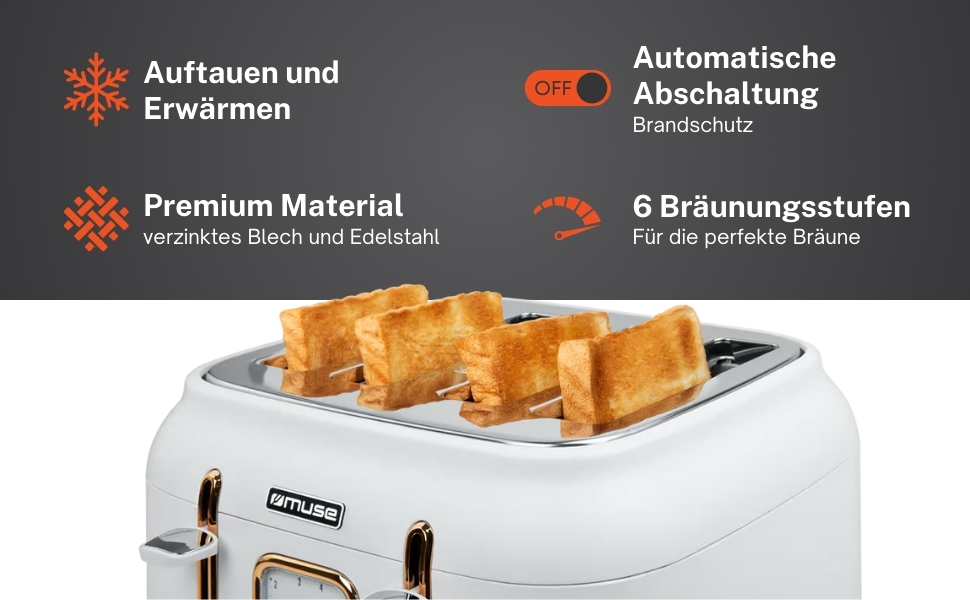 Тостер Muse MS-131 BC з нержавіючої сталі, 4-х місний, ретро дизайн, 6 рівнів підсмажування, з підсвічуванням, з лотком для крихт (білий)