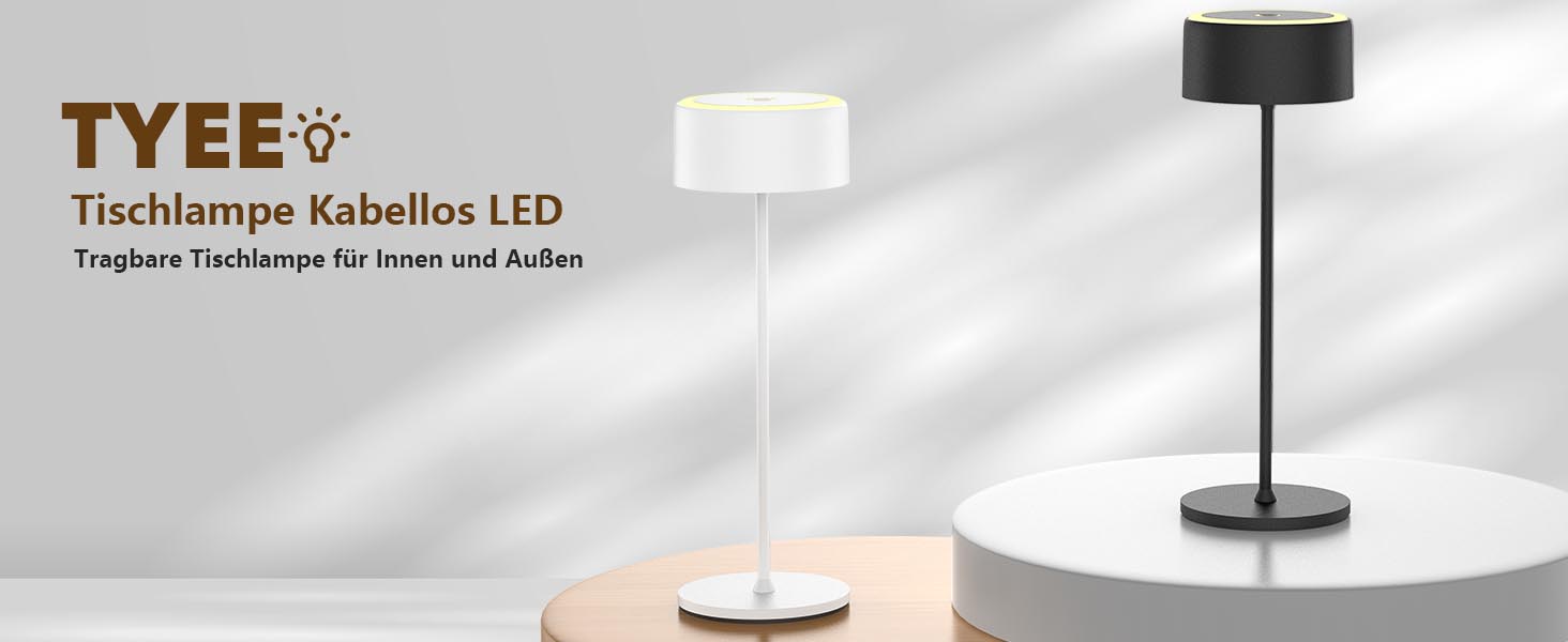 Бездротова LED-лампа TYEE настільна з регулюванням яскравості, акумуляторна, тепле світло 2200-3000K, USB-C, водонепроникна IP54, чорна