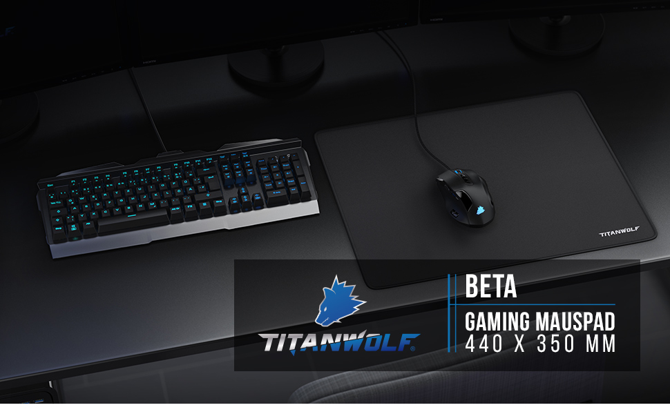 Килимок для миші TITANWOLF XXL Speed - 900 x 400 мм - великий розмір з мотивом TITANWOLF. Покращує точність та швидкість, антиковзаюча поверхня, зносостійкий.