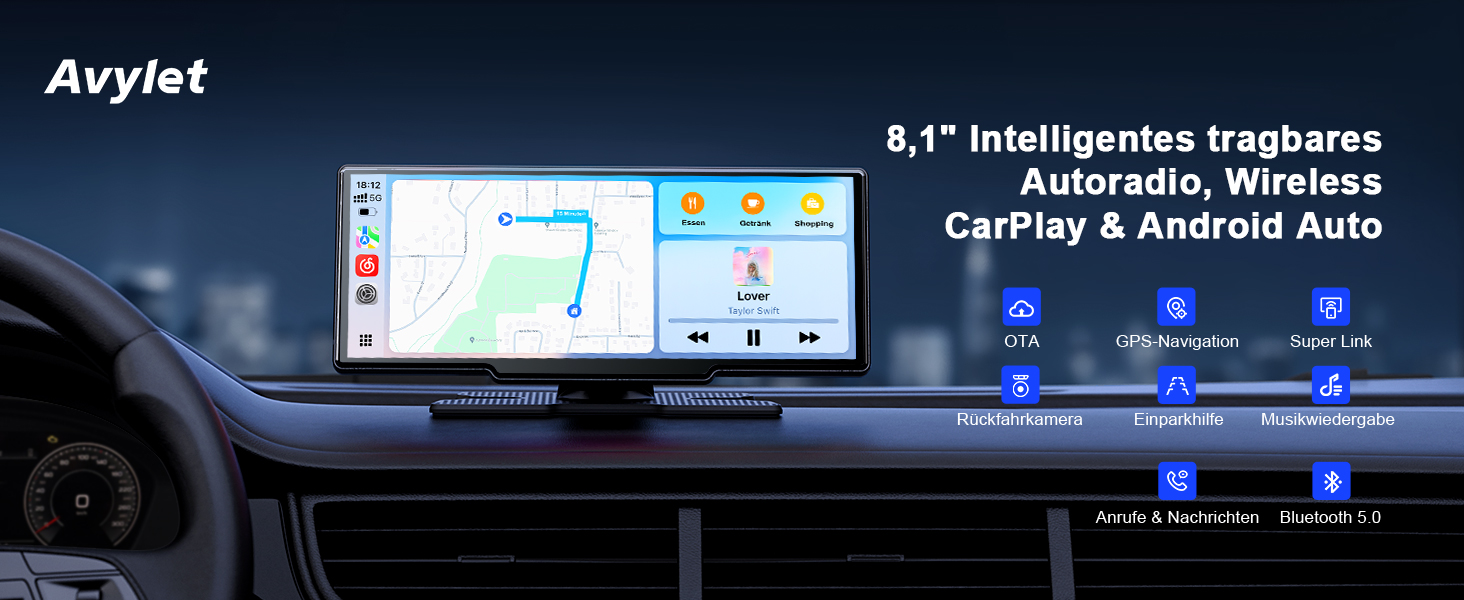 Бездротовий 8,1'' CarPlay дисплей Avylet з IPS-екраном, IP67 камерою заднього виду, GPS-навігацією, Bluetooth 5.0, Mirror Link, FM/AUX, для Android Auto та Apple CarPlay