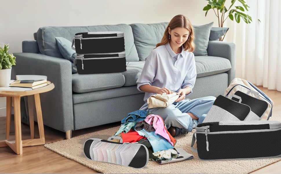 Набір кубиків-органайзерів для подорожей MEUVO - 5 шт., чорний. Компресійні сумки для валізи або рюкзака, водонепроникні