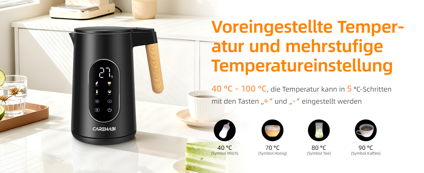 Електричний чайник Carehabi з регулюванням температури, 1.7 л, нержавіюча сталь, чорний, 40°C-100°C, 2200W, LED дисплей, подвійні стінки, функція підтримки тепла