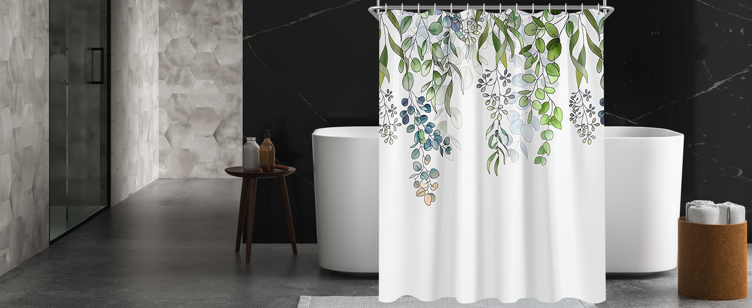 Штора для душу 300x200 см, зелені листки, антигрибкова, текстильна, з обтяженим краєм, водовідштовхувальна, поліестер, з кільцями та 16 гачками для ванної кімнати