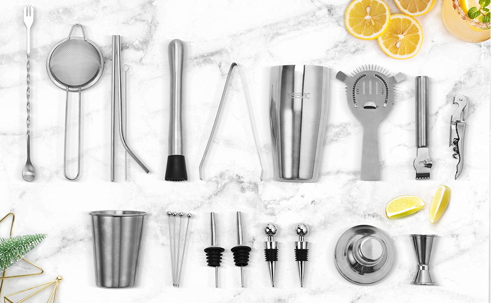 Набір для коктейлів YISSVIC 22 частини: шейкер, мірні склянки, ложка, наливник, підставка з бамбука. Подарунок для професіоналів та початківців