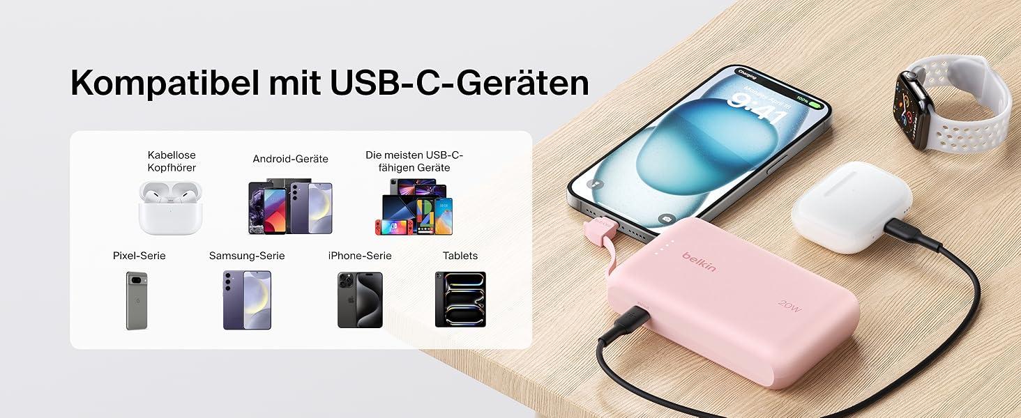 Повербанк Belkin BoostCharge 10000mAh з вбудованим кабелем USB-C, 20W, LED-індикатором, рожевий